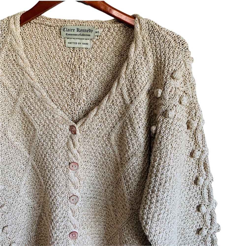 Knitted By Hand Pom Pom Knit Chunky Cotton Sweater Button Up Asymmetric Boho - Picture 3 of 6